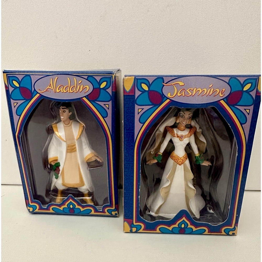 (2) Disney Grolier Collectible Christmas Magic Aladdin Jasmine Ornaments New Vtg